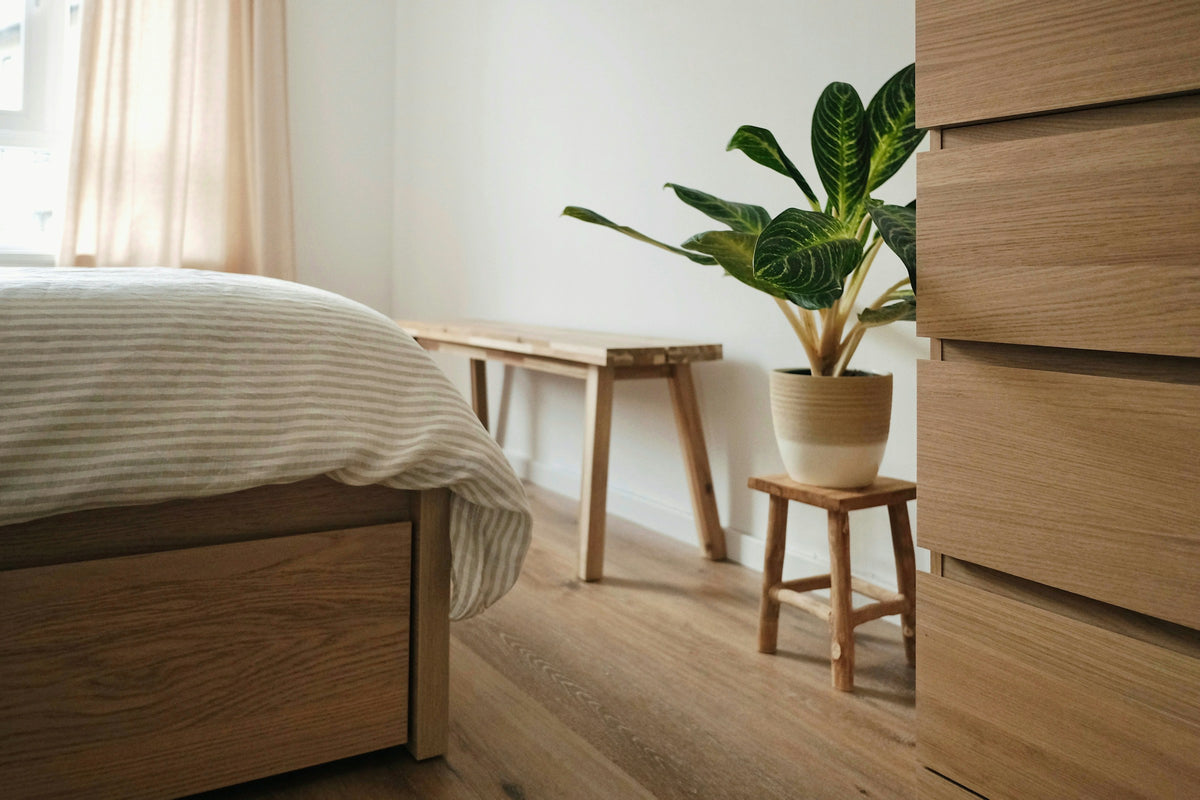 Chambre lumineuse aux tons beige et bois, avec une plante verte et un lit au linge clair