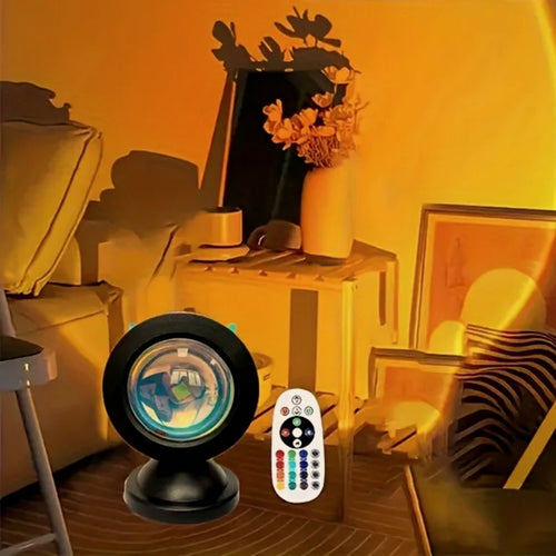 Lampe coucher de soleil allumée dans un salon, avec sa télécommande