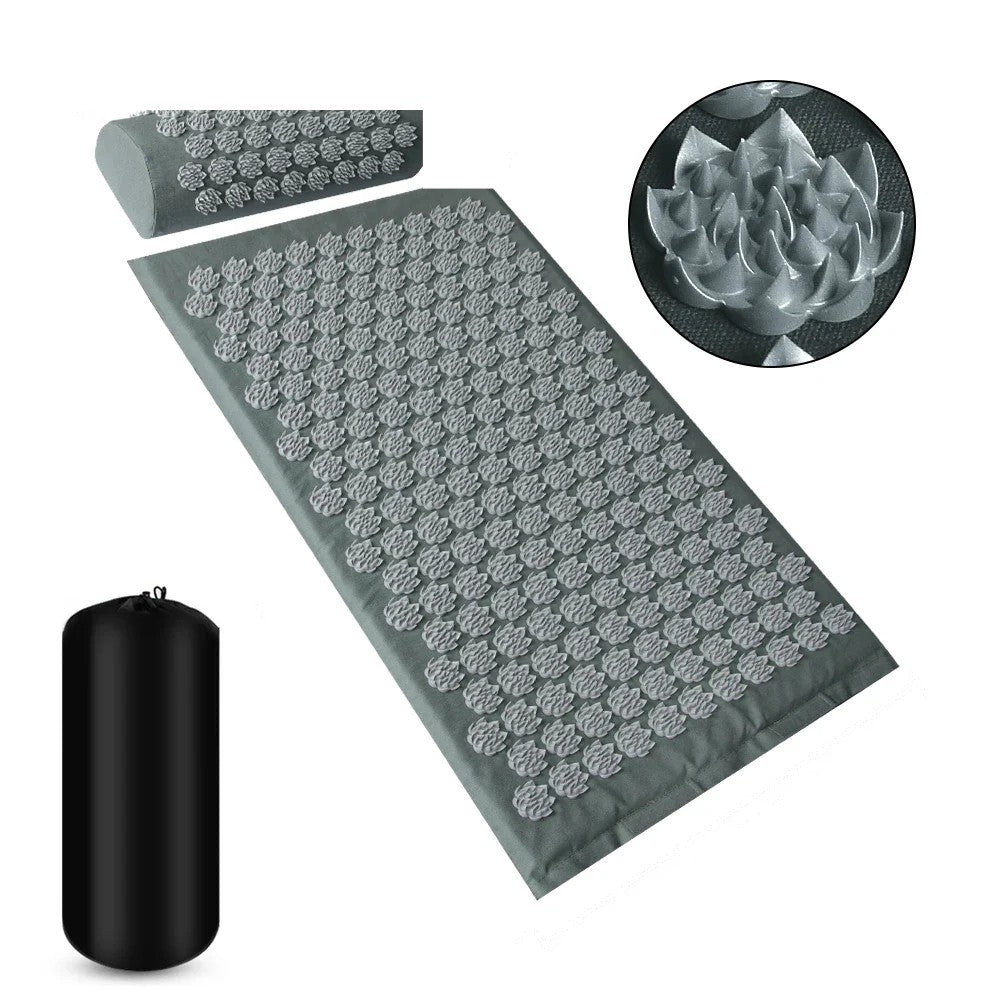 Tapis d’acupression gris avec son coussin et sa housse