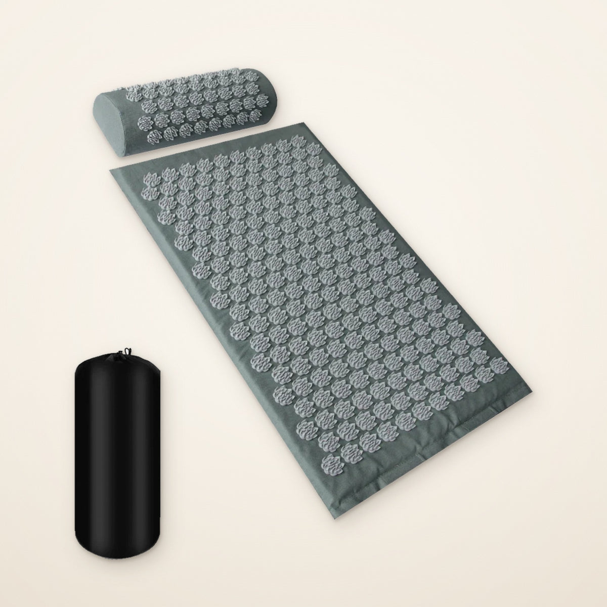 Set tapis d’acupression gris : tapis à picots en fleur de lotus, coussin pour la nuque et housse de rangement noire